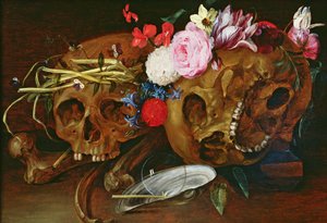 Nature morte de vanité avec crânes, fleurs, une coquille de moule perlière, une bulle et une paille